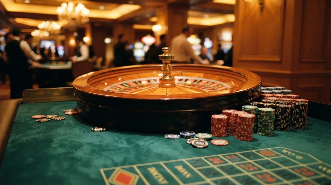Roda de roleta e fichas sobre feltro verde, sob uma luz quente de fim de tarde — casinos com bônus em portugal