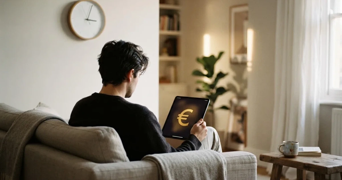 Pessoa num sofá a olhar pensativa para um tablet, com um relógio na parede atrás — casinos com bônus em portugal