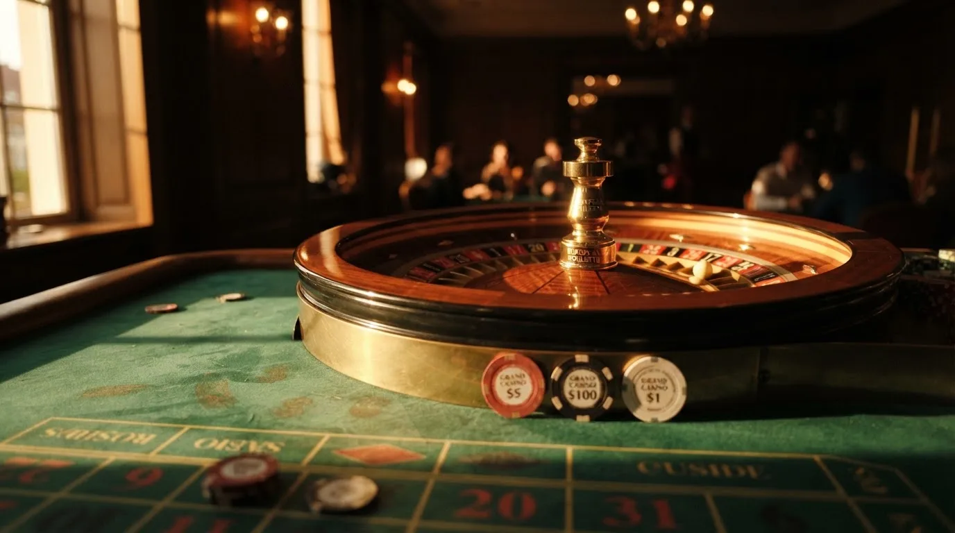 Roda de roleta e fichas sobre feltro verde, sob uma luz quente de fim de tarde — casinos com depósito mínimo pt
