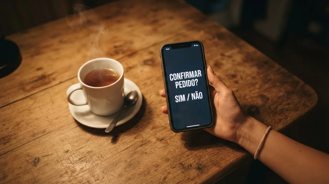 Mão a segurar um telemóvel ao lado de uma chávena de chá numa mesa de cozinha, numa noite tranquila — casinos com dinheiro em portugal