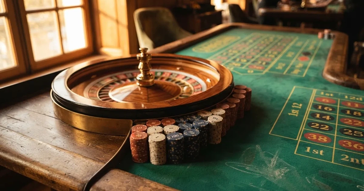 Roda de roleta e fichas sobre feltro verde, sob uma luz quente de fim de tarde — casinos com dinheiro em portugal
