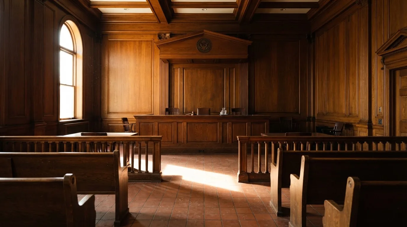 Sala de tribunal vazia com painéis de madeira, à luz da manhã — casinos com maestro em portugal