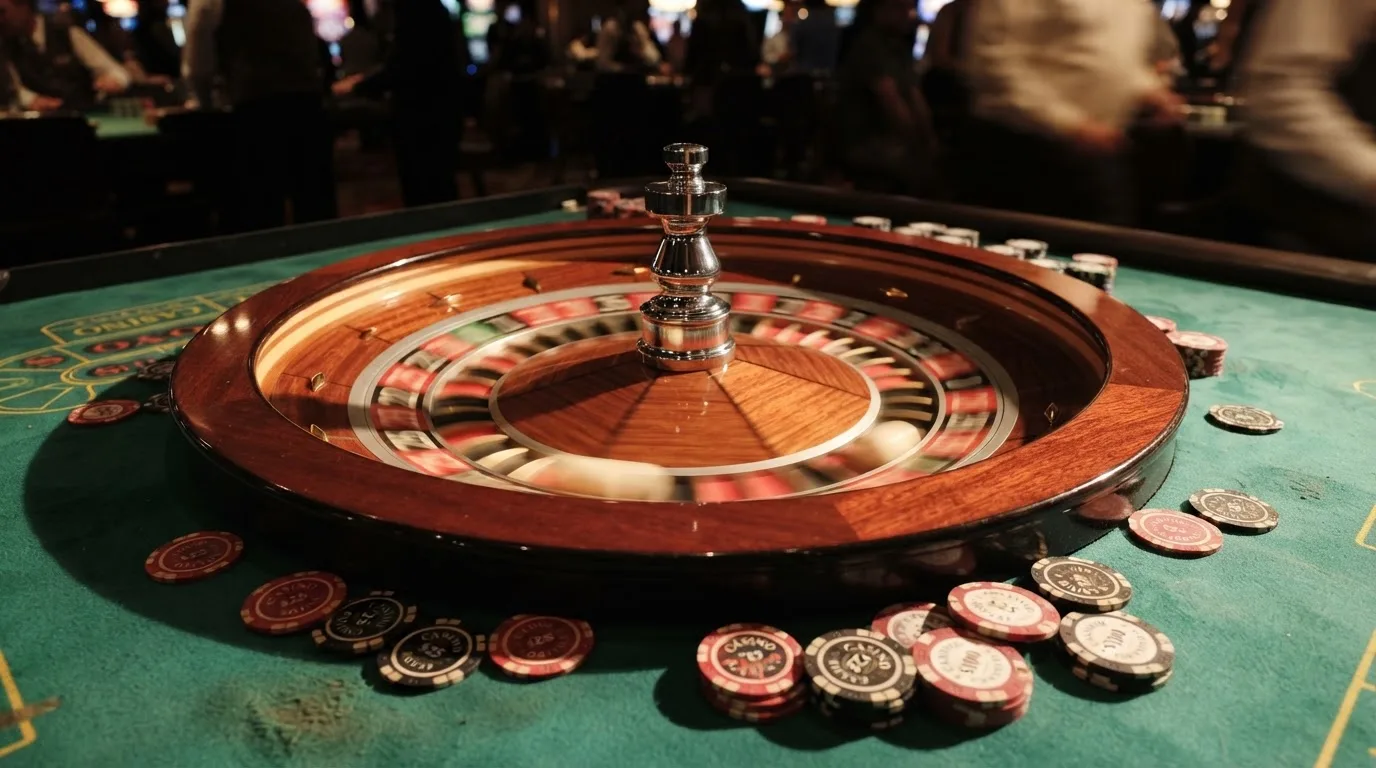 Roda de roleta e fichas sobre feltro verde, sob uma luz quente de fim de tarde — casinos com maestro em portugal