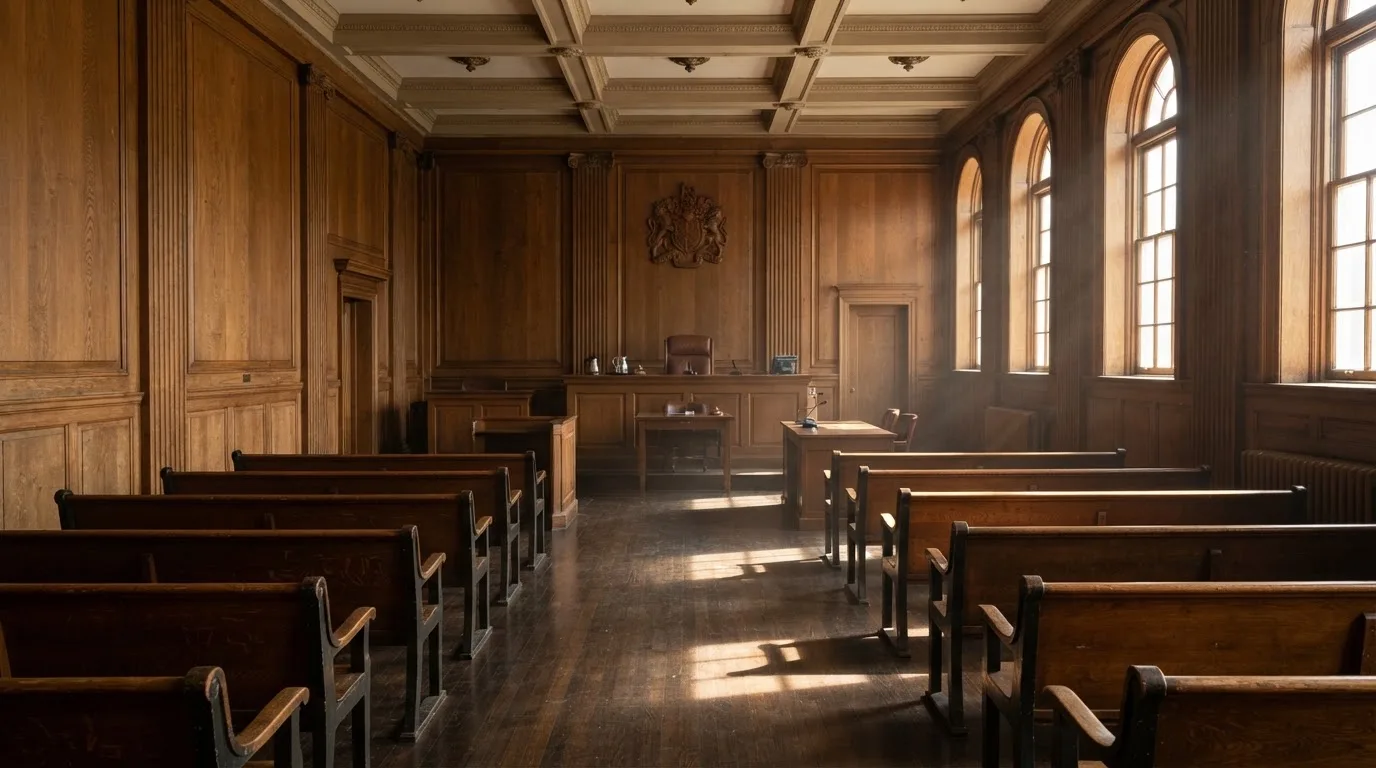Sala de tribunal vazia com painéis de madeira, à luz da manhã — casinos com mastercard em portugal