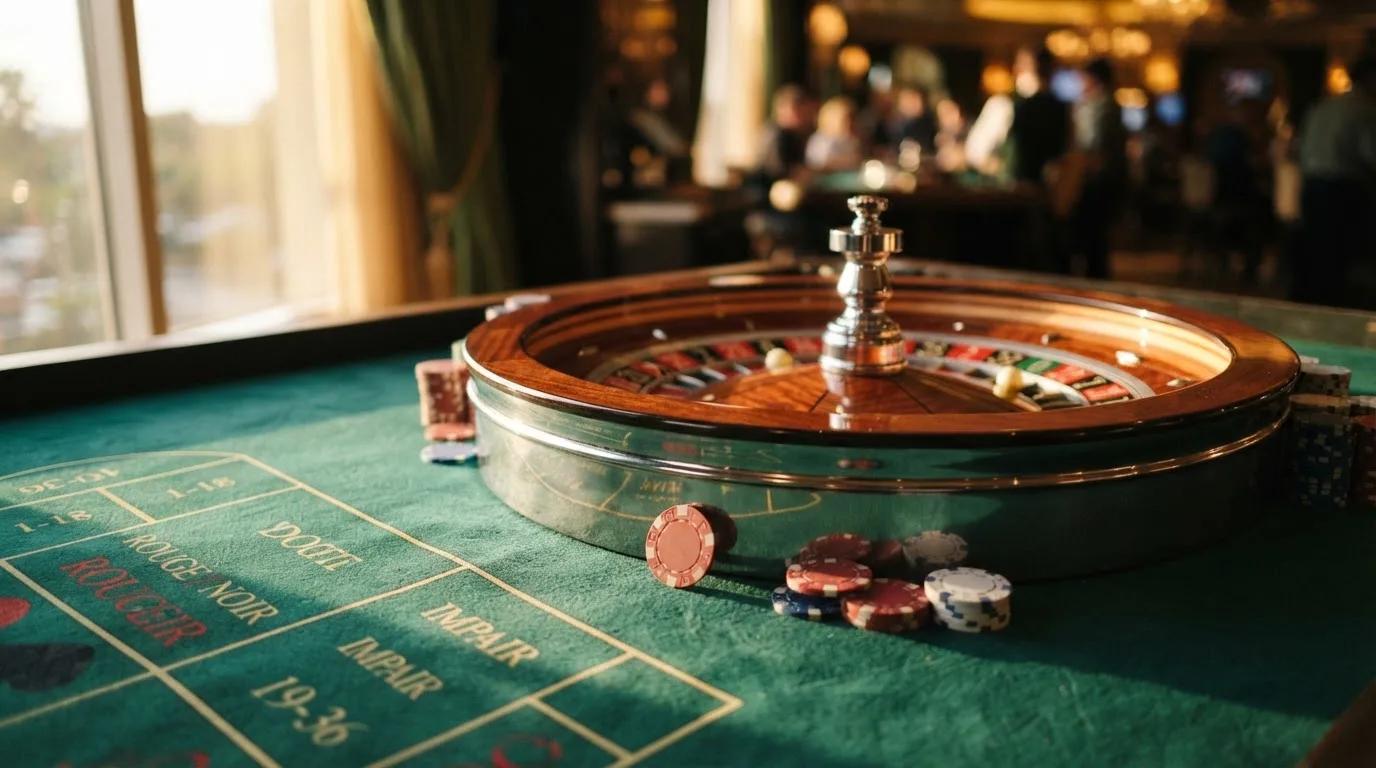 Roda de roleta e fichas sobre feltro verde, sob uma luz quente de fim de tarde — casinos com mastercard em portugal