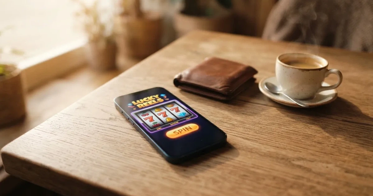 Telemóvel numa mesa de madeira ao lado de uma carteira e de uma chávena de café — casinos com mastercard em portugal