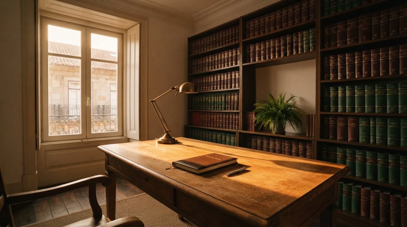 Escritório de advocacia com secretária de madeira, candeeiro de leitura e estantes de livros, sem pessoas, luz tranquila de fim de tarde.