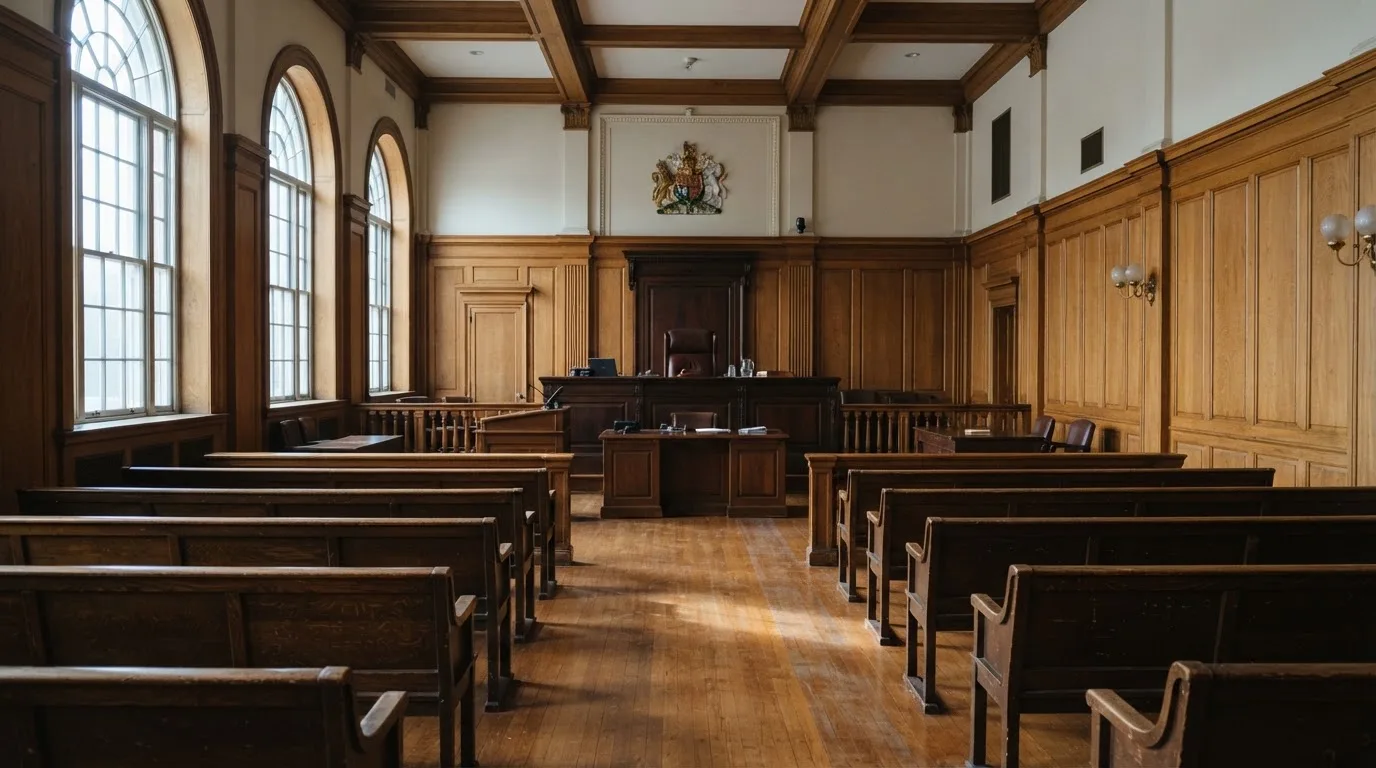 Sala de tribunal vazia com painéis de madeira, à luz da manhã — casinos com mifinity em portugal
