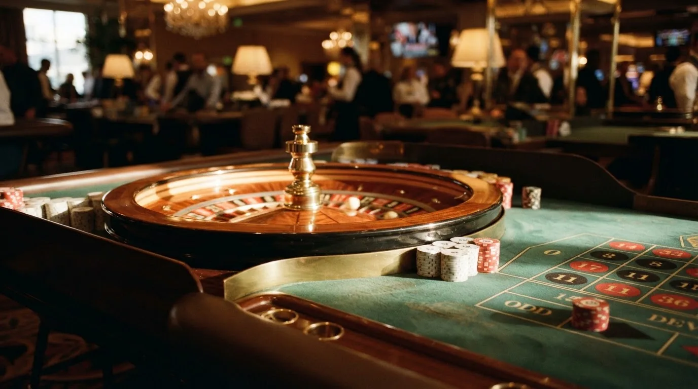 Roda de roleta e fichas sobre feltro verde, sob uma luz quente de fim de tarde — casinos com mifinity em portugal