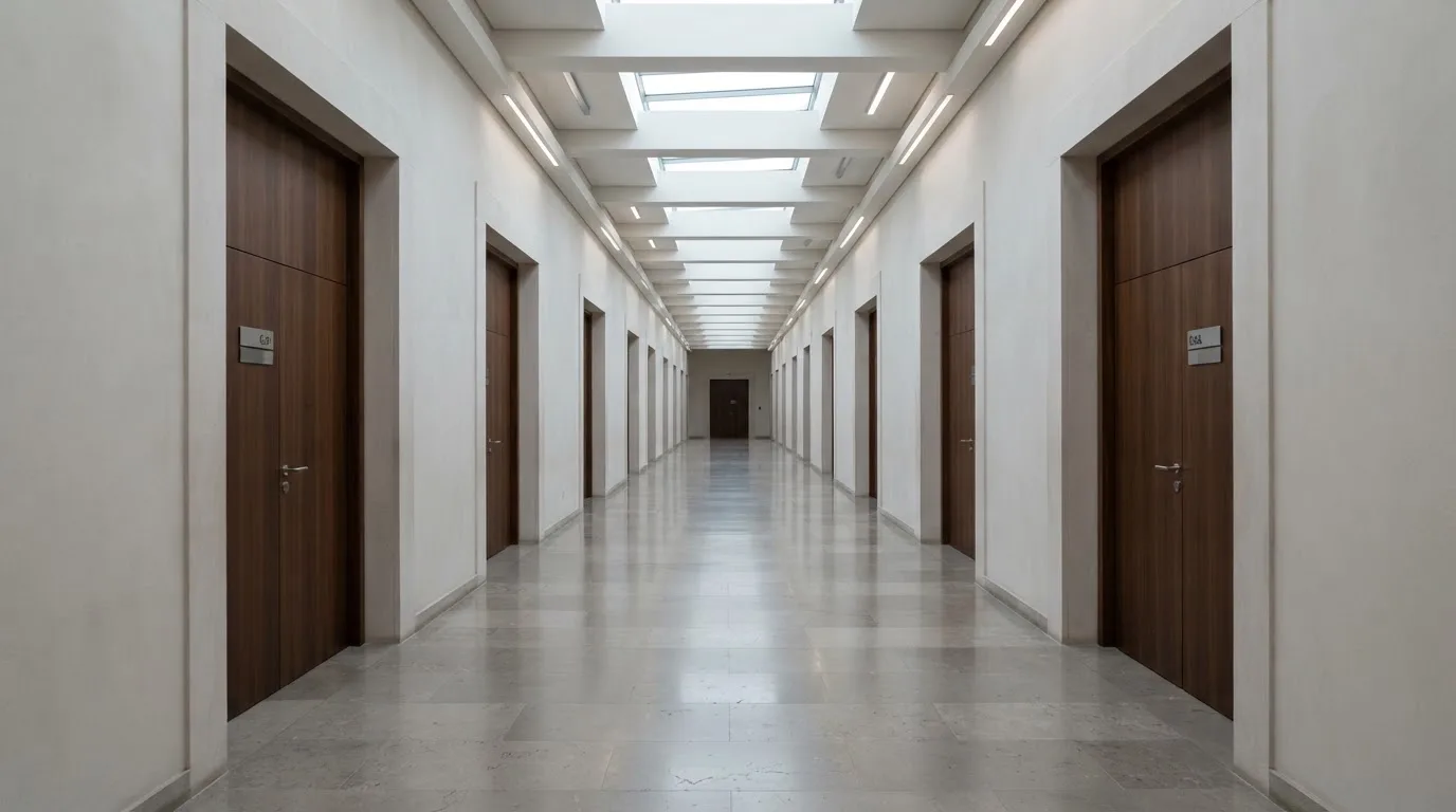 Corredor de um tribunal moderno com portas de madeira e pavimento polido, sem pessoas, luz natural vinda de uma claraboia.