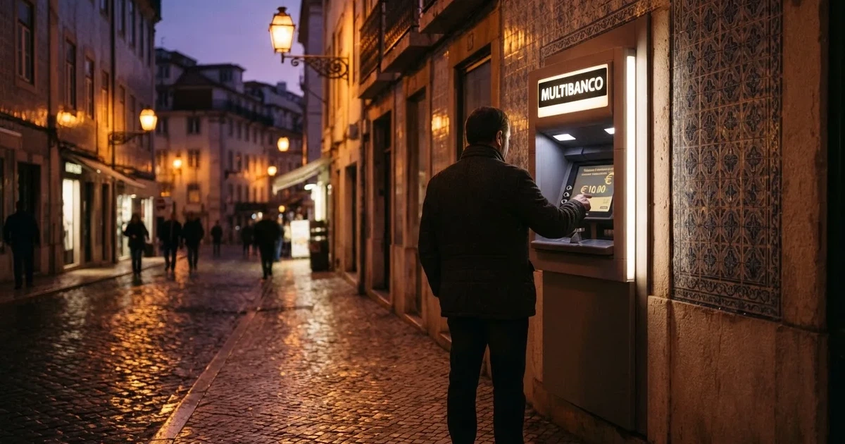 Pessoa de costas a usar um terminal bancário de rua ao anoitecer, com reflexos de candeeiros na calçada molhada.