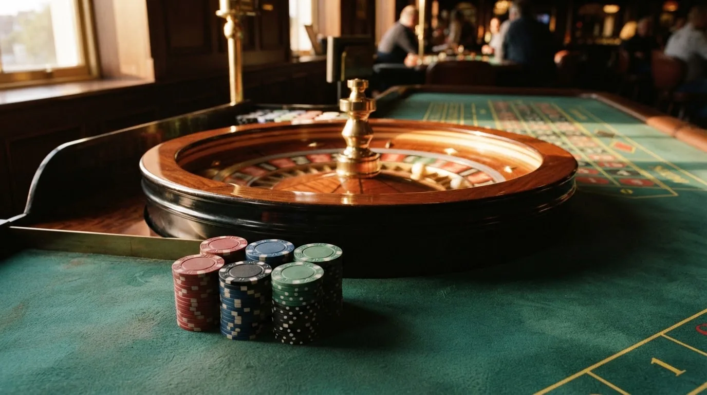 Roda de roleta e fichas sobre feltro verde, sob uma luz quente de fim de tarde — casinos com neteller em portugal