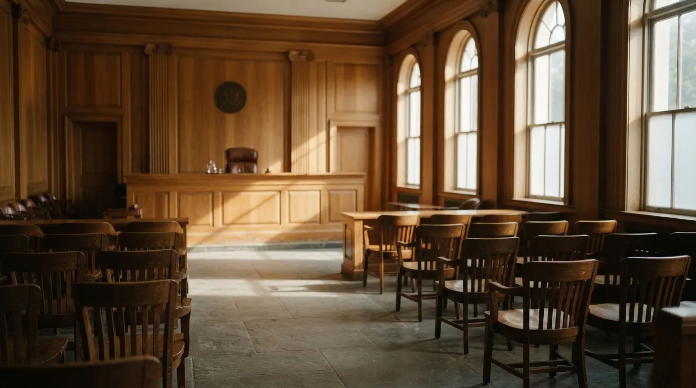 Sala de tribunal vazia com painéis de madeira, à luz da manhã — casinos com paypal em portugal