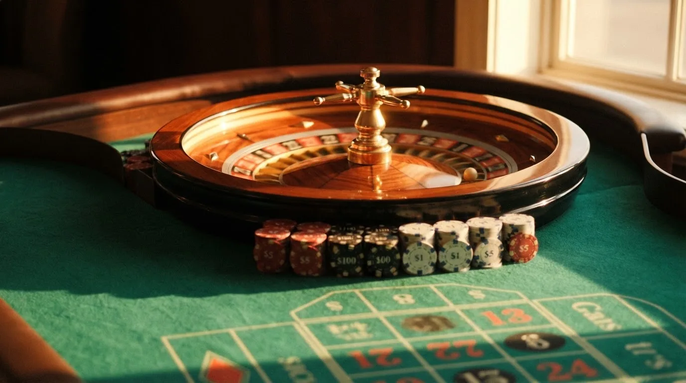 Roda de roleta e fichas sobre feltro verde, sob uma luz quente de fim de tarde — casinos com paypal em portugal