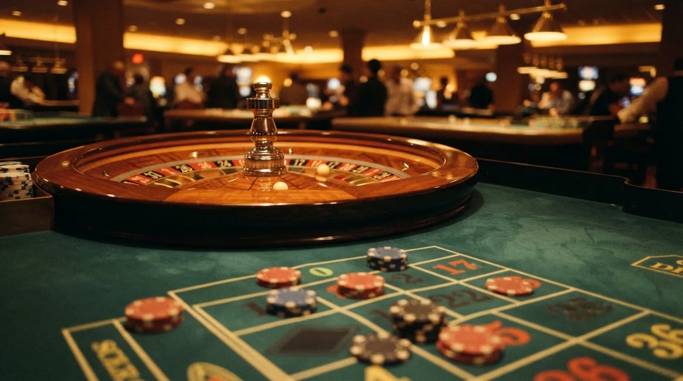 Roda de roleta e fichas sobre feltro verde, sob uma luz quente de fim de tarde — casinos com paysafecard em portugal