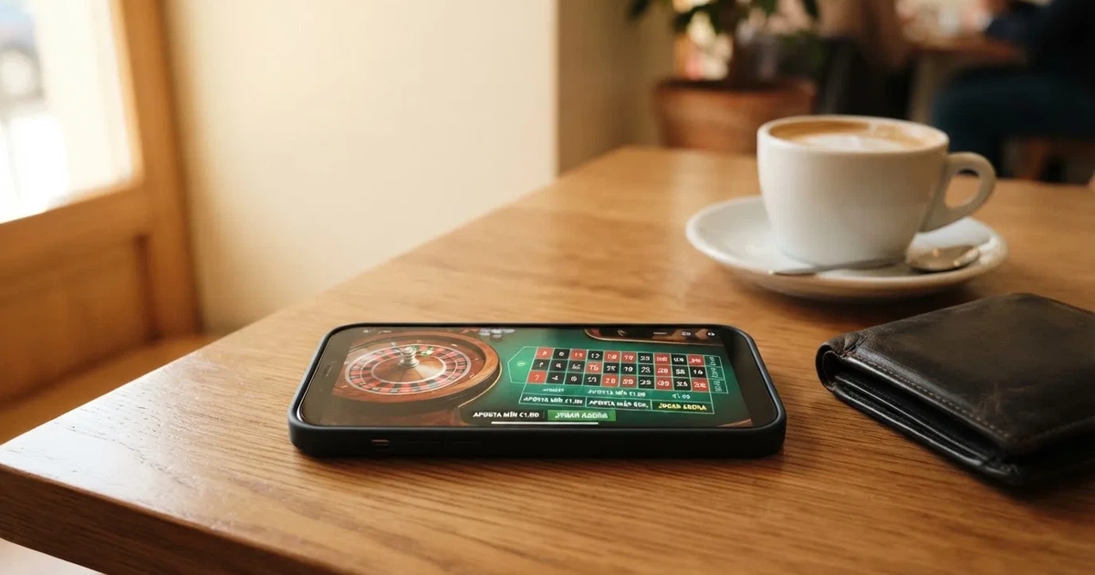 Telemóvel numa mesa de madeira ao lado de uma carteira e de uma chávena de café — casinos com paysafecard em portugal