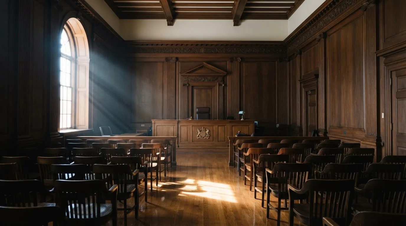 Sala de tribunal vazia com painéis de madeira, à luz da manhã — casinos com payu em portugal