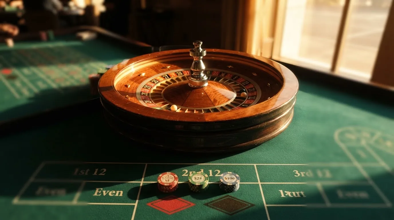 Roda de roleta e fichas sobre feltro verde, sob uma luz quente de fim de tarde — casinos com payu em portugal