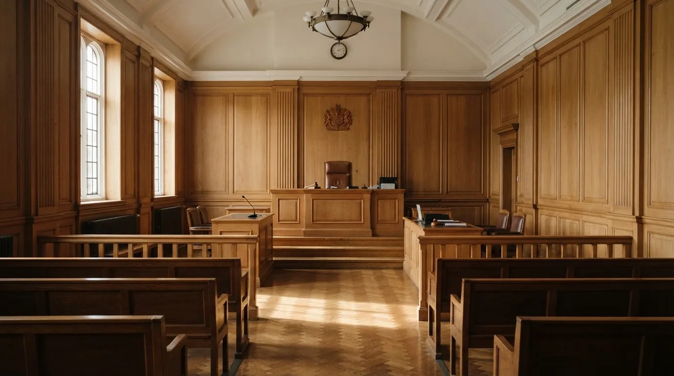 Sala de tribunal vazia com painéis de madeira, à luz da manhã — casinos com rodadas em portugal