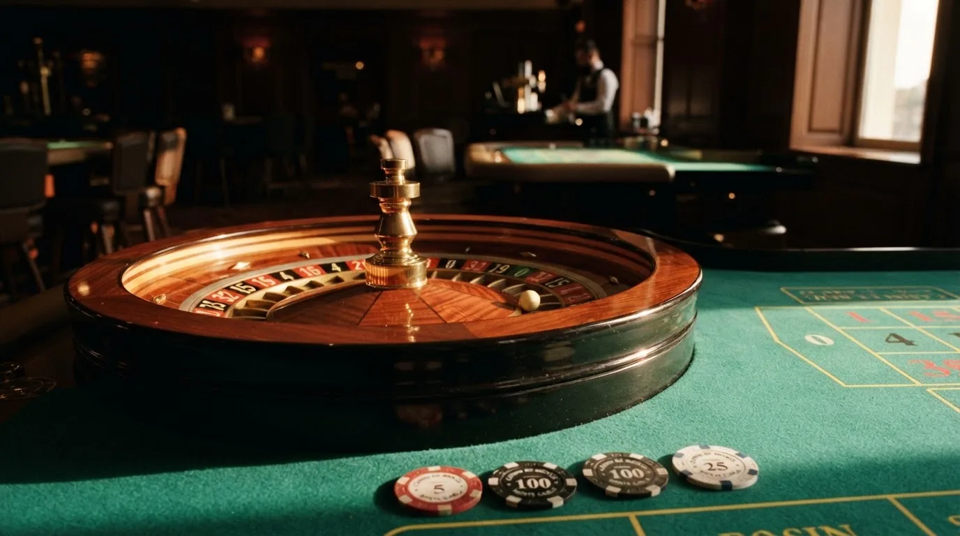 Roda de roleta e fichas sobre feltro verde, sob uma luz quente de fim de tarde — casinos com rodadas em portugal