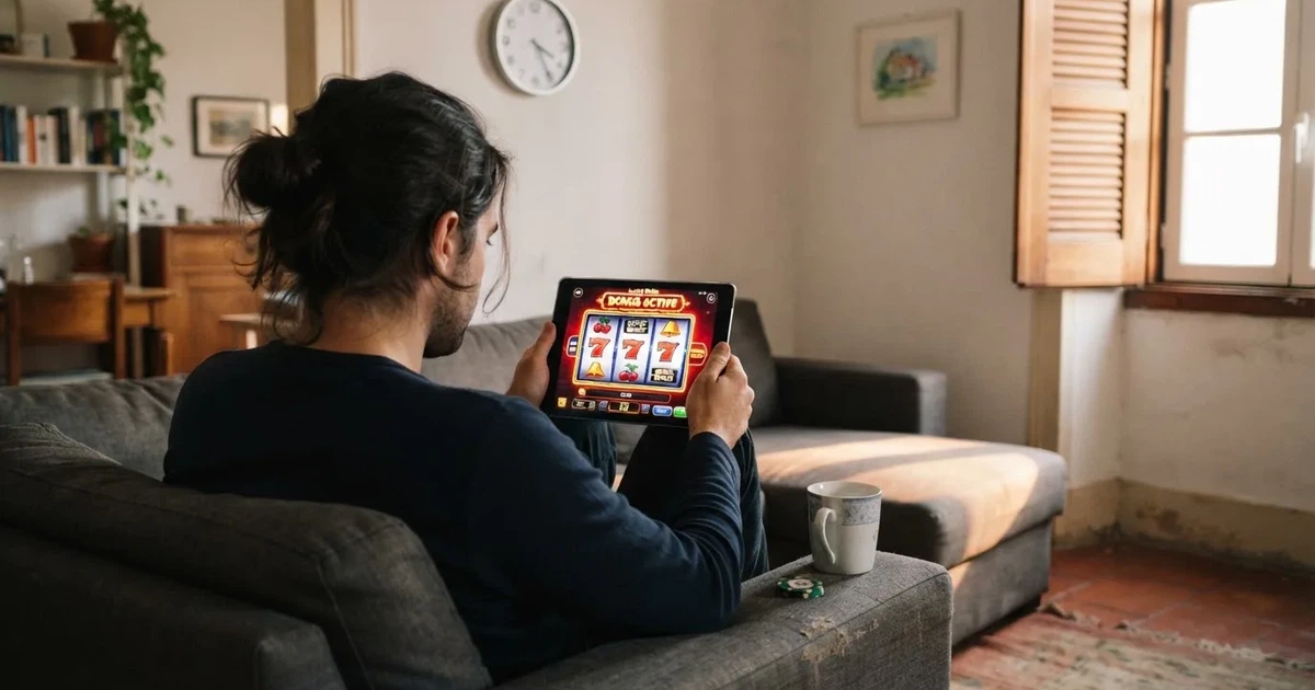 Pessoa num sofá a olhar pensativa para um tablet, com um relógio na parede atrás — casinos com rodadas em portugal