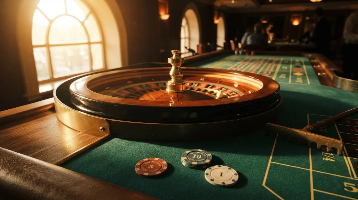 Roda de roleta e fichas sobre feltro verde, sob uma luz quente de fim de tarde — casinos com skrill em portugal