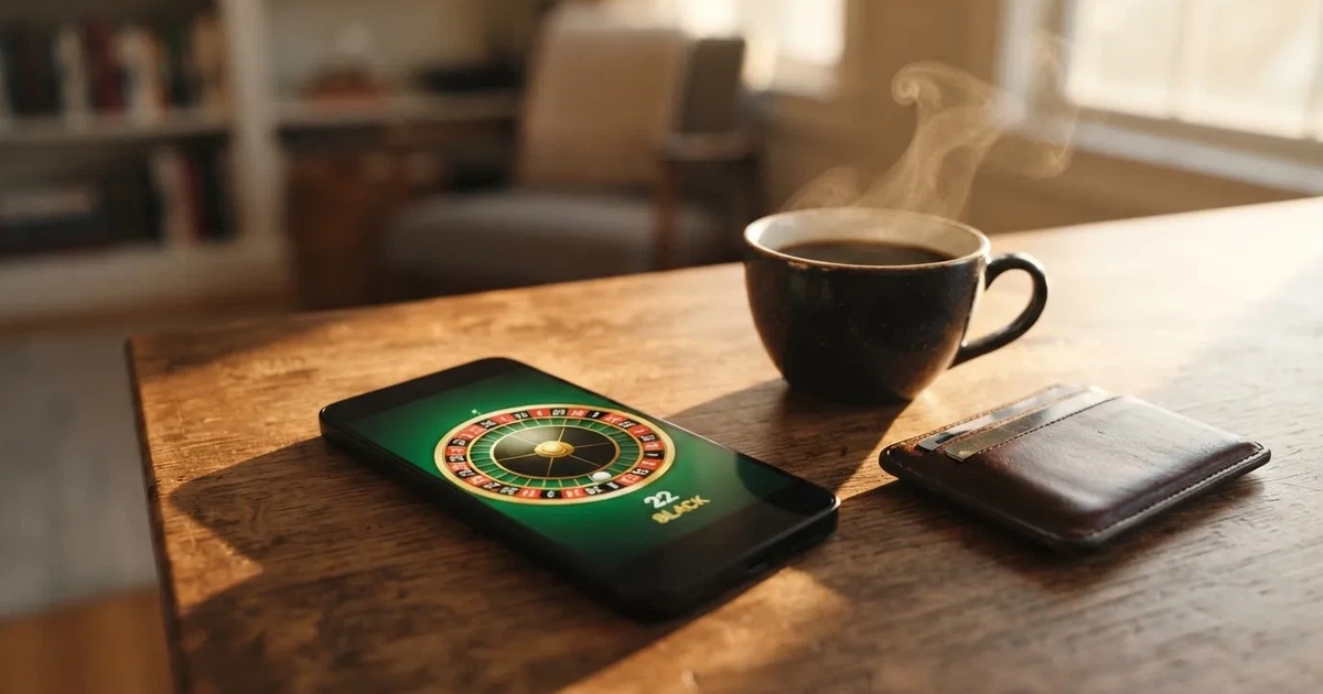 Telemóvel numa mesa de madeira ao lado de uma carteira e de uma chávena de café — casinos com skrill em portugal