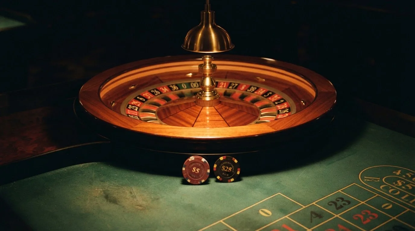 Roda de roleta e fichas sobre feltro verde, sob uma luz quente de fim de tarde — casinos com transferência bancária pt