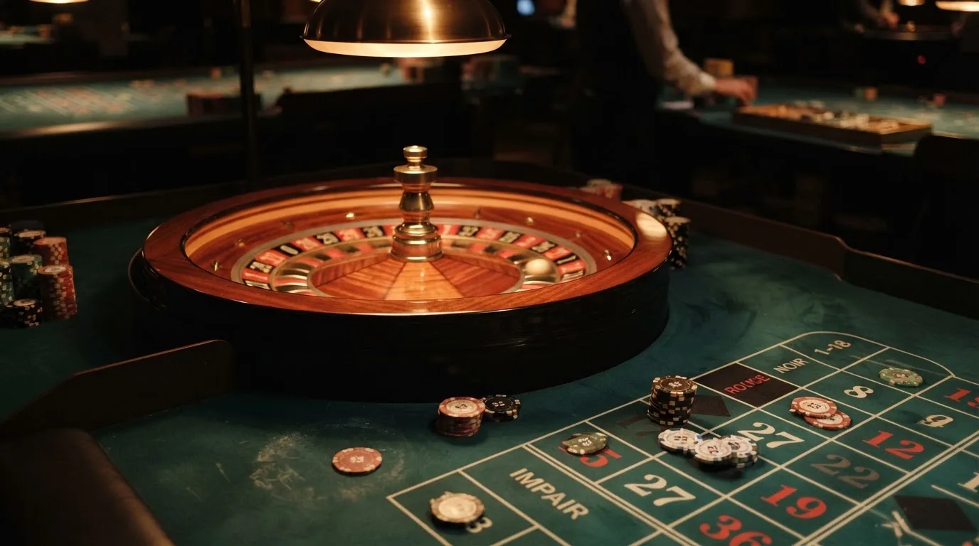 Roda de roleta e fichas sobre feltro verde, sob uma luz quente de fim de tarde — casinos com visa em portugal