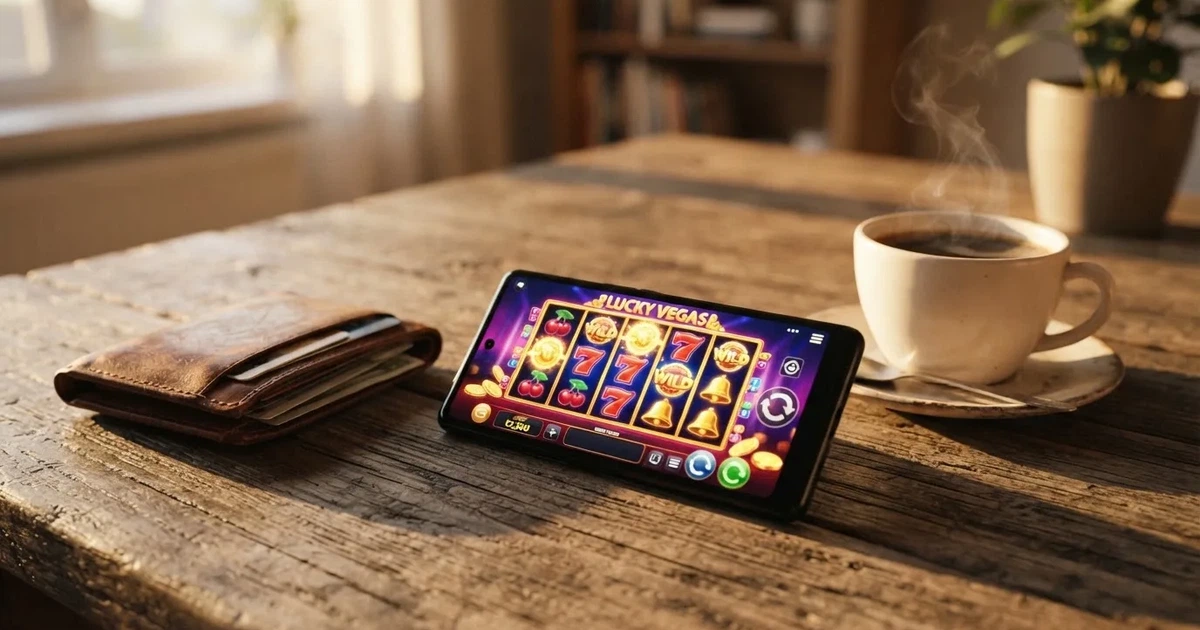 Telemóvel numa mesa de madeira ao lado de uma carteira e de uma chávena de café — casinos com visa em portugal