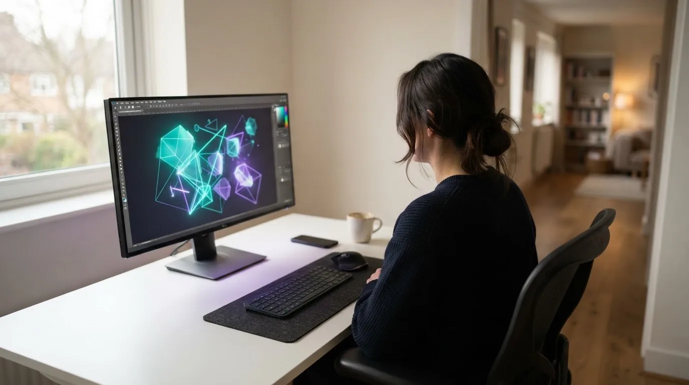 Mulher numa sala de computadores a observar um monitor com formas luminosas abstratas, ambiente de escritório moderno.