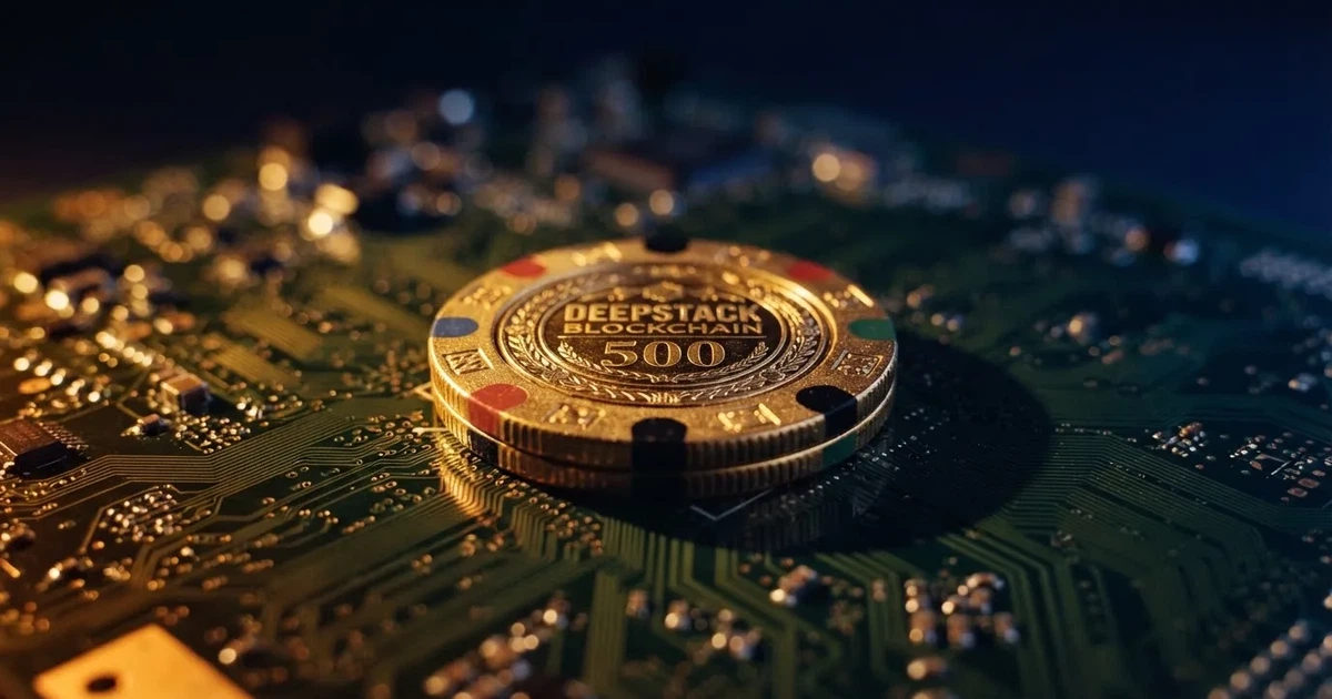 Moeda dourada física a flutuar sobre uma placa de circuitos eletrónicos, fundo azul-escuro desfocado, fotografia macro de estúdio.