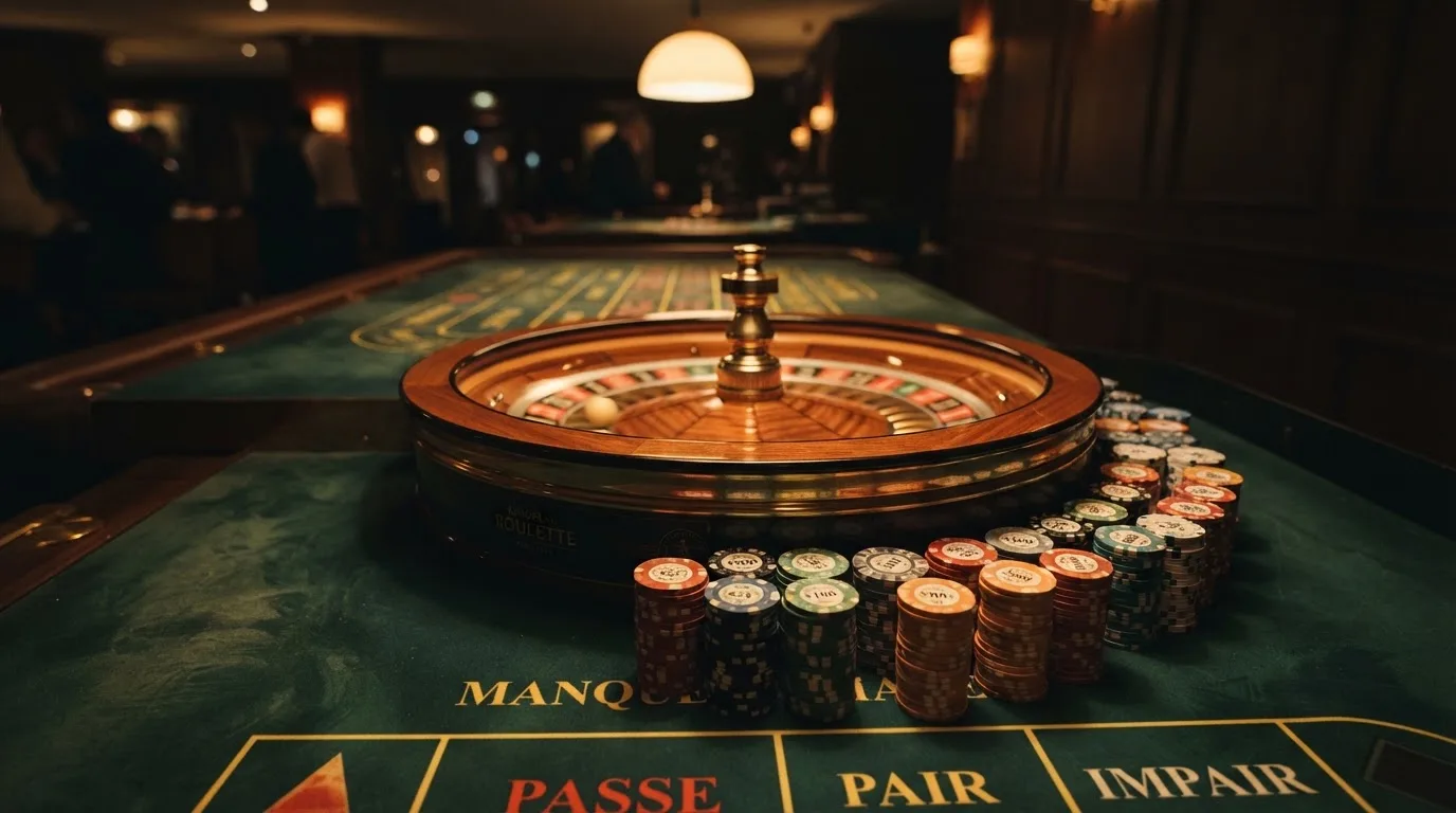Roda de roleta e fichas sobre feltro verde, sob uma luz quente de fim de tarde — casinos grátis em portugal