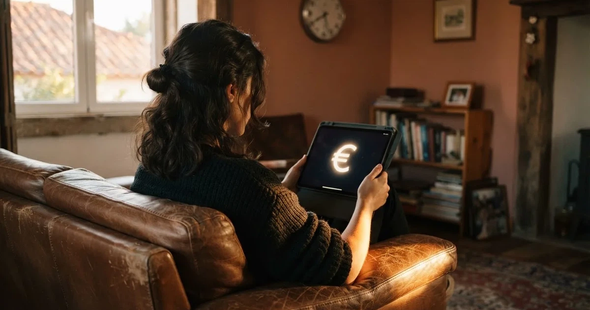 Pessoa num sofá a olhar pensativa para um tablet, com um relógio na parede atrás — casinos grátis em portugal