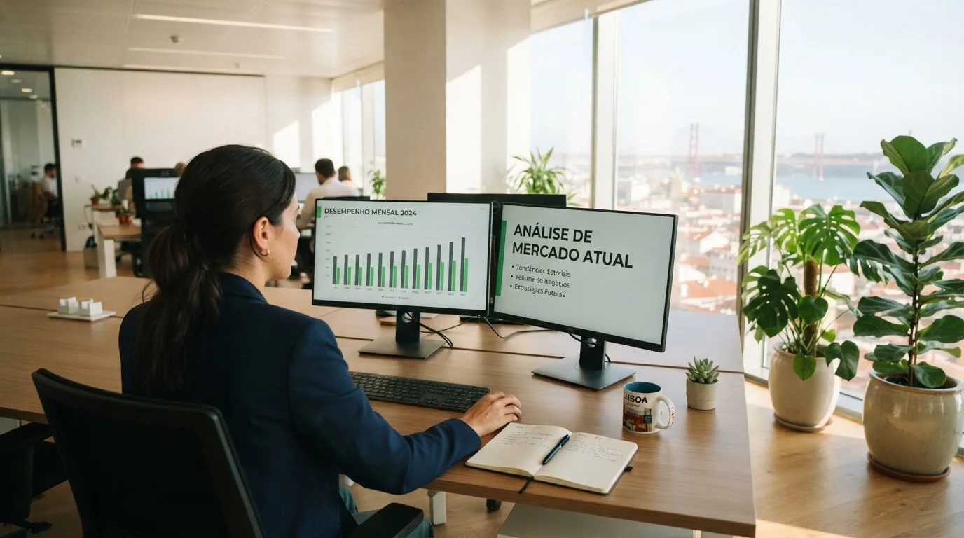 Analista de serviço público a trabalhar com dois monitores numa sala de escritório ampla de Lisboa, com luz natural e plantas.