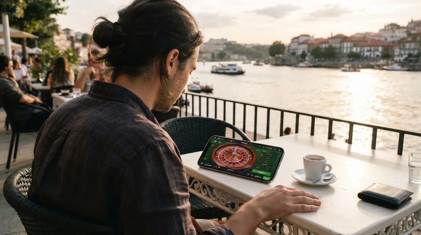 Pessoa a jogar no telemóvel numa esplanada, com um café pousado na mesa e o rio ao fundo, sob sol suave.