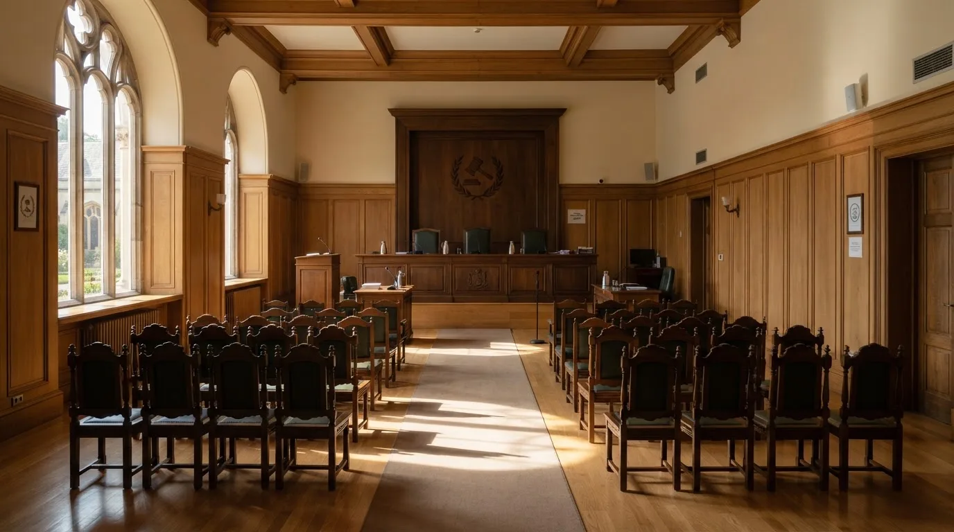 Sala de tribunal vazia com painéis de madeira, à luz da manhã — casinos online com depósito pt