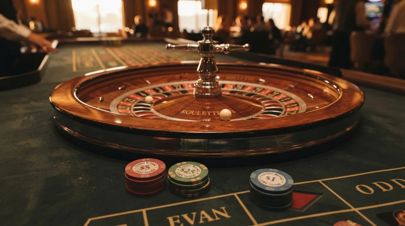 Roda de roleta e fichas sobre feltro verde, sob uma luz quente de fim de tarde — casinos online com depósito pt