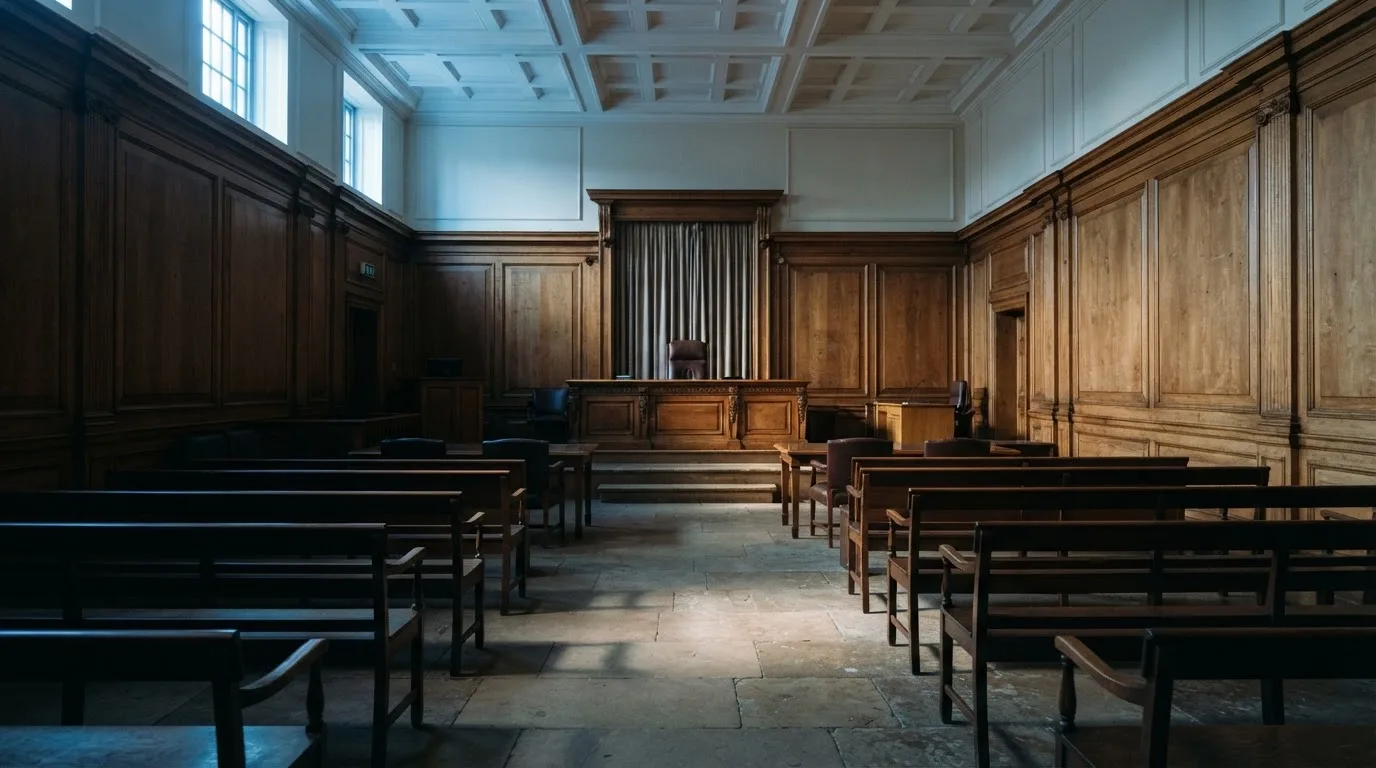 Sala de tribunal vazia com painéis de madeira, à luz da manhã — casinos online grátis em portugal