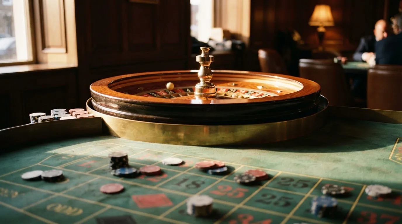 Roda de roleta e fichas sobre feltro verde, sob uma luz quente de fim de tarde — casinos online grátis em portugal