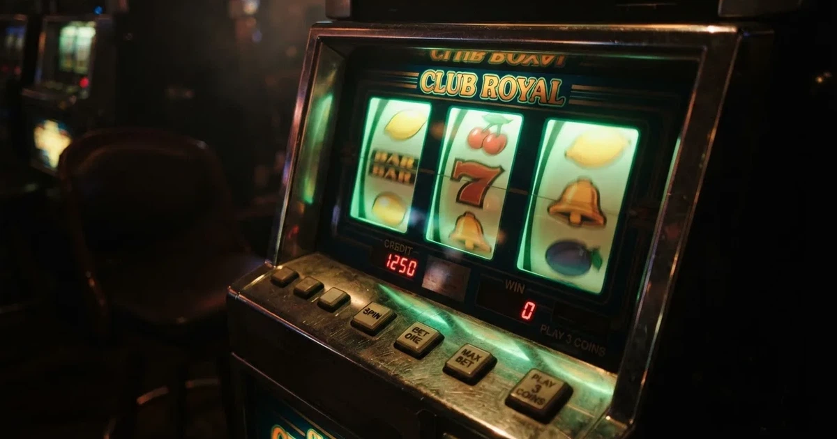 Rolos luminosos de uma slot machine numa sala escura, em grande plano — casinos online grátis em portugal