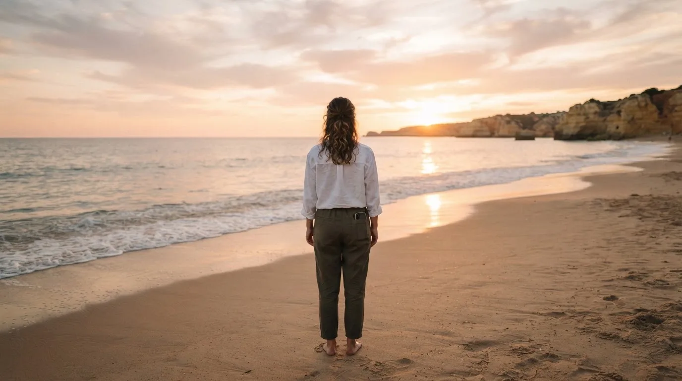 Pessoa de costas a olhar o mar numa praia do Algarve ao fim da tarde, com ar sereno e telemóvel guardado no bolso.
