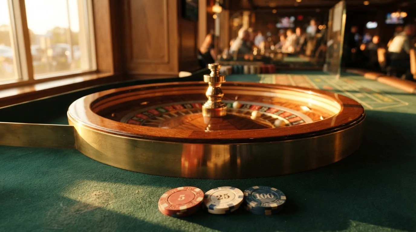 Roda de roleta e fichas sobre feltro verde, sob uma luz quente de fim de tarde — casinos online sem depósito pt