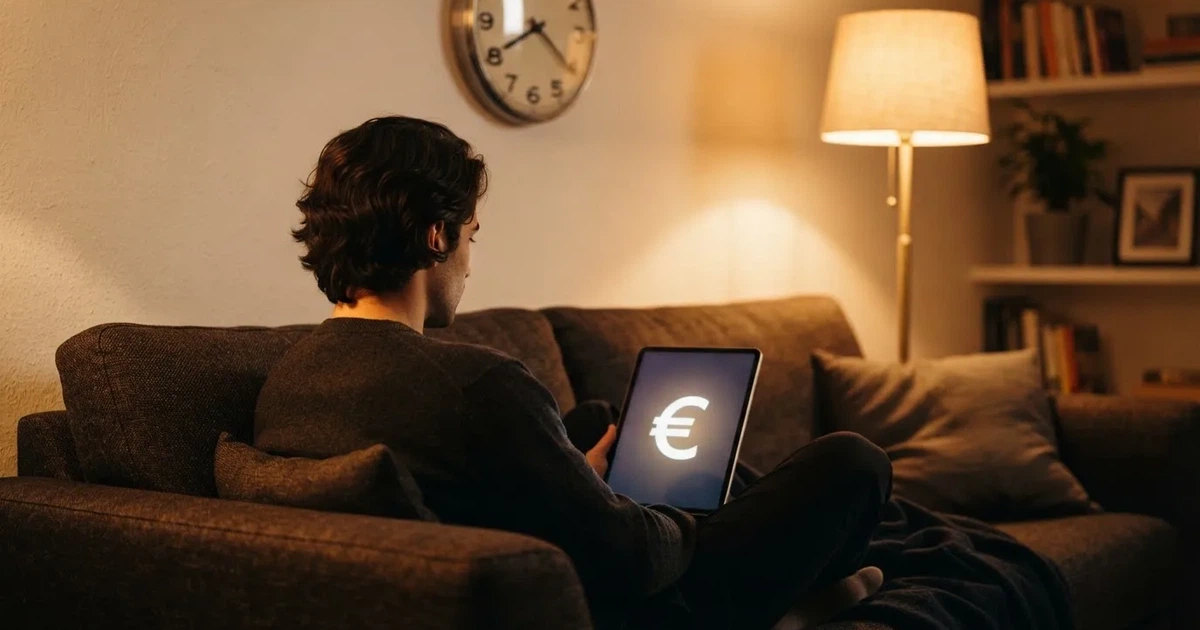 Pessoa num sofá a olhar pensativa para um tablet, com um relógio na parede atrás — casinos online sem depósito pt