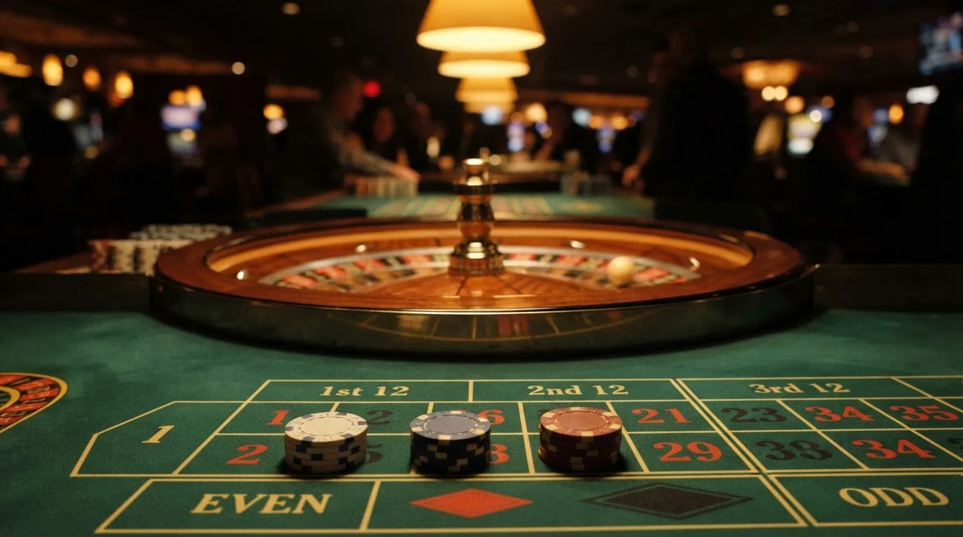 Roda de roleta e fichas sobre feltro verde, sob uma luz quente de fim de tarde — casinos para ganhar dinheiro pt