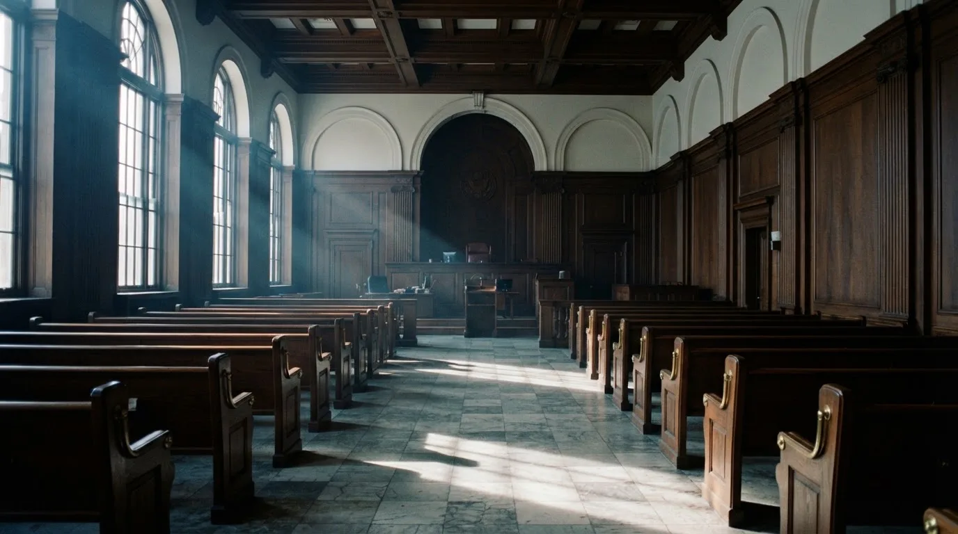 Sala de tribunal vazia com painéis de madeira, à luz da manhã — cassino com bônus em portugal