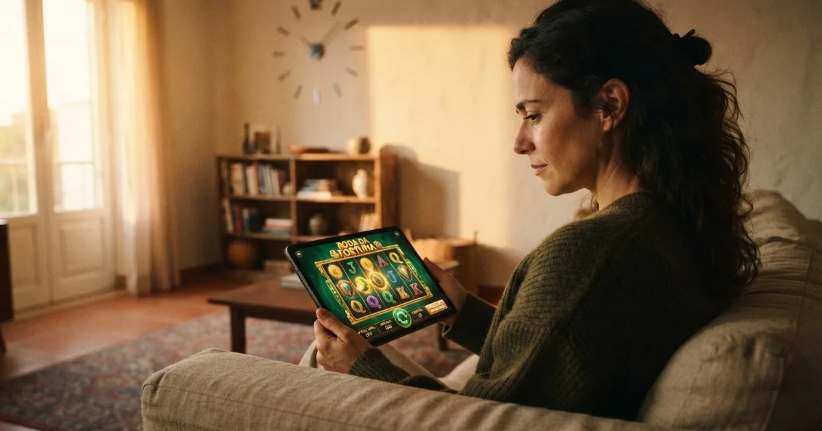 Pessoa num sofá a olhar pensativa para um tablet, com um relógio na parede atrás — cassino com bônus em portugal