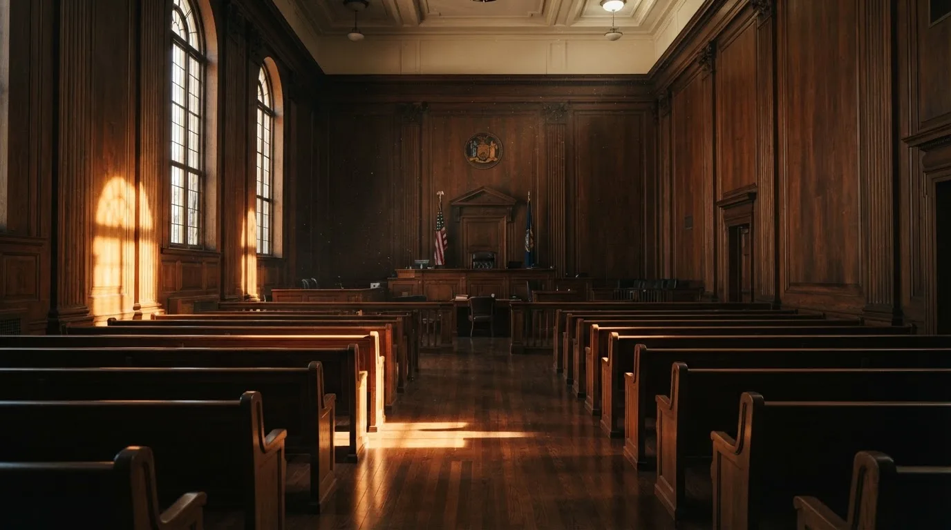 Sala de tribunal vazia com painéis de madeira, à luz da manhã — cassino com depósito em portugal