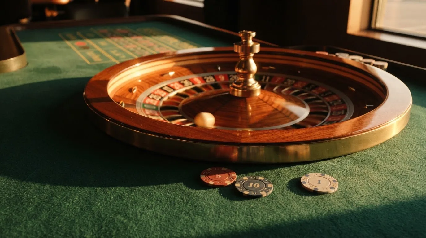 Roda de roleta e fichas sobre feltro verde, sob uma luz quente de fim de tarde — cassino com depósito em portugal