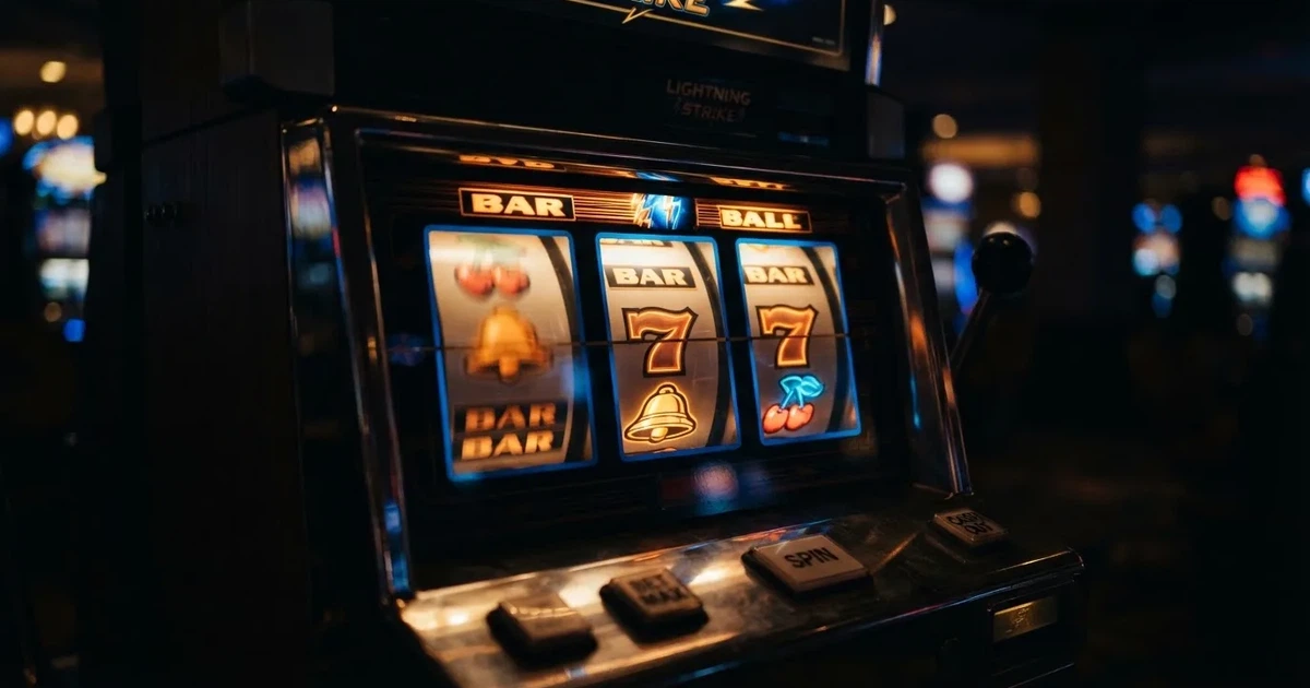 Rolos luminosos de uma slot machine numa sala escura, em grande plano — cassino grátis em portugal